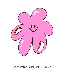 Pink flower with smiling face. Cute cartoon daisy with holes. Isolated vector illustration on white background