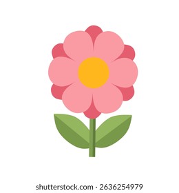 Pink flower with soft rounded petals and yellow center. Cute and minimal flat vector perfect for children’s or springtime designs