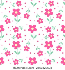 pink flower with pink spots and leaves on a seamless white background.