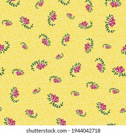 pink flower toss seamless vector pattern on yellow