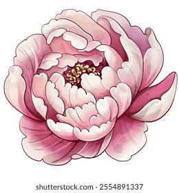 Pink flower with a white center. The peony flower is drawn in watercolor. The rose petals are spread out and the center is white. Vintage botanical illustration. Romantic roses and elegant floral