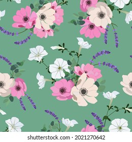 Pink flowers anemone, lavender and white petunia on green background. Seamless vector illustration. For decoration textile, packaging and wallpaper.