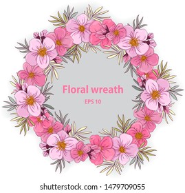 Pink flowers .Flowers background for cosmetics packaging. Flower frame for flowershop.Vintage card with flowers. Vector floral design card. Greeting wedding invite template.Round frame border.EPS 10 