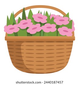 Pink flowers basket icon cartoon vector. Graphic sticker. Bunch design garden