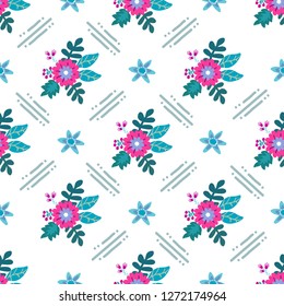 Pink flowers. Beautiful geometric pattern. White background. For textile, fabric, background, fashion prints, Wallpaper, wrapping paper, wrapping paper.