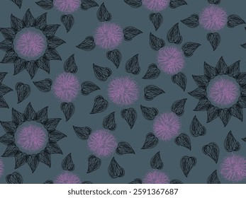 Pink flowers with black leaves, elegant nature, botanical, floral, hand drawn, sketch, lines.  Seamless vector pattern for design and decoration. 