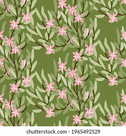 pink flowers blooming on the tree branches seamless vector pattern, spring print