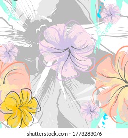 Pink Flowers Blooming Pattern. Pastel Watercolor Floral Print. Little Pink, Yellow, Lilac flower on grey leaf. Elegant brush Background. Seamless Botanical Vector Surface. Texture For Fashion Prints.