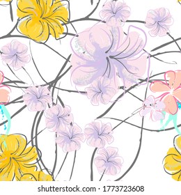 Pink Flowers Blooming Pattern. Pastel Watercolor Floral Print. Little Pink, Yellow, Lilac flower on grey leaf. Elegant brush Background. Seamless Botanical Vector Surface. Texture For Fashion Prints.