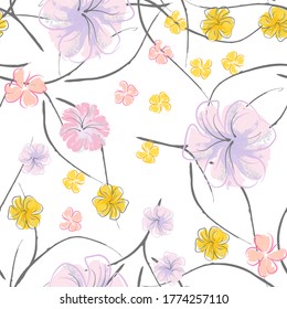 Patrón De Florecimiento De Flores Rosadas. Impresión floral de color de agua pastel. Flor rosada, amarilla, lagaríaca en hojas grises. Fondo elegante del pincel Superficie de vectores botánicos impecable. Textura Para Las Impresiones De Moda.
