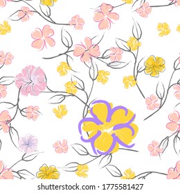 Patrón De Florecimiento De Flores Rosadas. Impresión floral de color de agua pastel. Flor rosada, amarilla, lagaríaca en hojas grises. Fondo elegante del pincel Superficie de vectores botánicos impecable. Textura Para Las Impresiones De Moda.