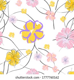 Pink Flowers Blooming Pattern. Pastel Watercolor Floral Print. Little Pink, Yellow, Lilac flower on grey leaf. Elegant brush Background. Seamless Botanical Vector Surface. Texture For Fashion Prints.