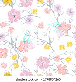 rosafarbene Blumen blühendes Muster. Pastellwasserfarbe Blumendruck. Little Pink, Gelb, Lilac Blume auf grauem Blatt. Eleganter Bürstenhintergrund. Nahtlose botanische Vektoroberfläche. Textur für Modedrucke.