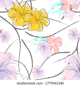 Pink Flowers Blooming Pattern. Pastel Watercolor Floral Print. Little Pink, Yellow, Lilac flower on grey leaf. Elegant brush Background. Seamless Botanical Vector Surface. Texture For Fashion Prints.