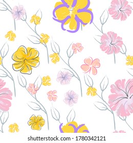 Pink Flowers Blooming Pattern. Pastel Watercolor Floral Print. Little Pink, Yellow, Lilac flower on grey leaf. Elegant brush Background. Seamless Botanical Vector Surface. Texture For Fashion Prints.