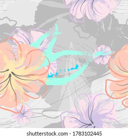 Pink Flowers Blooming Pattern. Pastel Watercolor Floral Print. Little Pink, Yellow, Lilac flower on grey leaf. Elegant brush Background. Seamless Botanical Vector Surface. Texture For Fashion Prints.