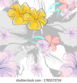 Patrón De Florecimiento De Flores Rosadas. Impresión floral de color de agua pastel. Flor rosada, amarilla, lagaríaca en hojas grises. Fondo elegante del pincel Superficie de vectores botánicos impecable. Textura Para Las Impresiones De Moda.