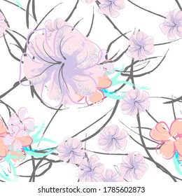 Pink Flowers Blooming Pattern. Pastel Watercolor Floral Print. Little Pink, Yellow, Lilac flower on grey leaf. Elegant brush Background. Seamless Botanical Vector Surface. Texture For Fashion Prints.