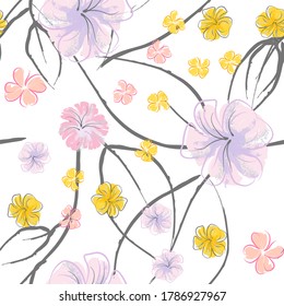 Pink Flowers Blooming Pattern. Pastel Watercolor Floral Print. Little Pink, Yellow, Lilac flower on grey leaf. Elegant brush Background. Seamless Botanical Vector Surface. Texture For Fashion Prints.