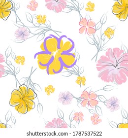 Pink Flowers Blooming Pattern. Pastel Watercolor Floral Print. Little Pink, Yellow, Lilac flower on grey leaf. Elegant brush Background. Seamless Botanical Vector Surface. Texture For Fashion Prints.