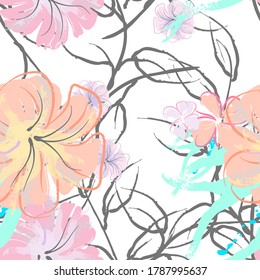 Pink Flowers Blooming Pattern. Pastel Watercolor Floral Print. Little Pink, Yellow, Lilac flower on grey leaf. Elegant brush Background. Seamless Botanical Vector Surface. Texture For Fashion Prints.