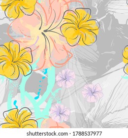 Patrón De Florecimiento De Flores Rosadas. Impresión floral de color de agua pastel. Flor rosada, amarilla, lagaríaca en hojas grises. Fondo elegante del pincel Superficie de vectores botánicos impecable. Textura Para Las Impresiones De Moda.