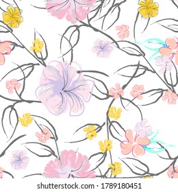 Pink Flowers Blooming Pattern. Pastel Watercolor Floral Print. Little Pink, Yellow, Lilac flower on grey leaf. Elegant brush Background. Seamless Botanical Vector Surface. Texture For Fashion Prints.