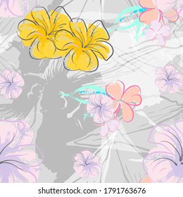 Pink Flowers Blooming Pattern. Pastel Watercolor Floral Print. Little Pink, Yellow, Lilac flower on grey leaf. Elegant brush Background. Seamless Botanical Vector Surface. Texture For Fashion Prints.