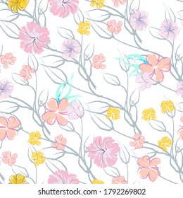 Pink Flowers Blooming Pattern. Pastel Watercolor Floral Print. Little Pink, Yellow, Lilac flower on grey leaf. Elegant brush Background. Seamless Botanical Vector Surface. Texture For Fashion Prints.