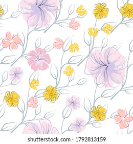 Pink Flowers Blooming Pattern. Pastel Watercolor Floral Print. Little Pink, Yellow, Lilac flower on grey leaf. Elegant brush Background. Seamless Botanical Vector Surface. Texture For Fashion Prints.