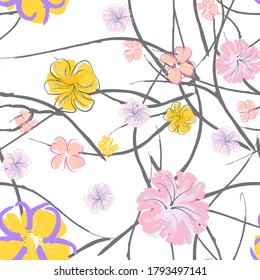 Pink Flowers Blooming Pattern. Pastel Watercolor Floral Print. Little Pink, Yellow, Lilac flower on grey leaf. Elegant brush Background. Seamless Botanical Vector Surface. Texture For Fashion Prints.