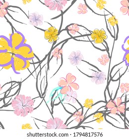 Patrón De Florecimiento De Flores Rosadas. Impresión floral de color de agua pastel. Flor rosada, amarilla, lagaríaca en hojas grises. Fondo elegante del pincel Superficie de vectores botánicos impecable. Textura Para Las Impresiones De Moda.