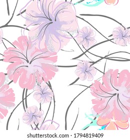 Pink Flowers Blooming Pattern. Pastel Watercolor Floral Print. Little Pink, Yellow, Lilac flower on grey leaf. Elegant brush Background. Seamless Botanical Vector Surface. Texture For Fashion Prints.