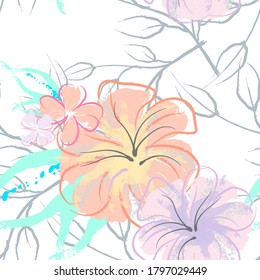 Pink Flowers Blooming Pattern. Pastel Watercolor Floral Print. Little Pink, Yellow, Lilac flower on grey leaf. Elegant brush Background. Seamless Botanical Vector Surface. Texture For Fashion Prints.