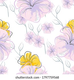 Pink Flowers Blooming Pattern. Pastel Watercolor Floral Print. Little Pink, Yellow, Lilac flower on grey leaf. Elegant brush Background. Seamless Botanical Vector Surface. Texture For Fashion Prints.