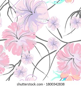 Pink Flowers Blooming Pattern. Pastel Watercolor Floral Print. Little Pink, Yellow, Lilac flower on grey leaf. Elegant brush Background. Seamless Botanical Vector Surface. Texture For Fashion Prints.