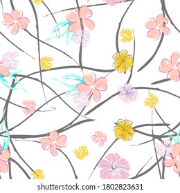Pink Flowers Blooming Pattern. Pastel Watercolor Floral Print. Little Pink, Yellow, Lilac flower on grey leaf. Elegant brush Background. Seamless Botanical Vector Surface. Texture For Fashion Prints.