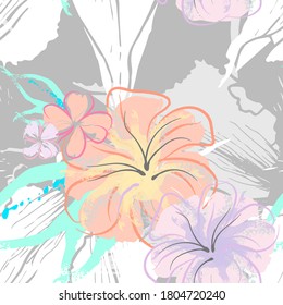 Pink Flowers Blooming Pattern. Pastel Watercolor Floral Print. Little Pink, Yellow, Lilac flower on grey leaf. Elegant brush Background. Seamless Botanical Vector Surface. Texture For Fashion Prints.