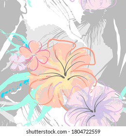 Pink Flowers Blooming Pattern. Pastel Watercolor Floral Print. Little Pink, Yellow, Lilac flower on grey leaf. Elegant brush Background. Seamless Botanical Vector Surface. Texture For Fashion Prints.