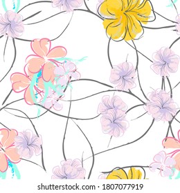 Pink Flowers Blooming Pattern. Pastel Watercolor Floral Print. Little Pink, Yellow, Lilac flower on grey leaf. Elegant brush Background. Seamless Botanical Vector Surface. Texture For Fashion Prints.