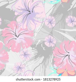 Pink Flowers Blooming Pattern. Pastel Watercolor Floral Print. Little Pink, Yellow, Lilac flower on grey leaf. Elegant brush Background. Seamless Botanical Vector Surface. Texture For Fashion Prints.