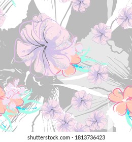 Pink Flowers Blooming Pattern. Pastel Watercolor Floral Print. Little Pink, Yellow, Lilac flower on grey leaf. Elegant brush Background. Seamless Botanical Vector Surface. Texture For Fashion Prints.