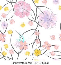 Pink Flowers Blooming Pattern. Pastel Watercolor Floral Print. Little Pink, Yellow, Lilac flower on grey leaf. Elegant brush Background. Seamless Botanical Vector Surface. Texture For Fashion Prints.