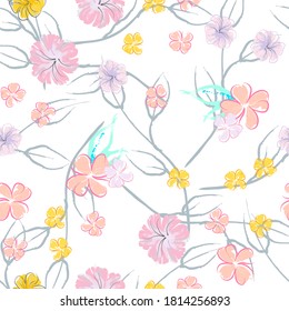 Pink Flowers Blooming Pattern. Pastel Watercolor Floral Print. Little Pink, Yellow, Lilac flower on grey leaf. Elegant brush Background. Seamless Botanical Vector Surface. Texture For Fashion Prints.