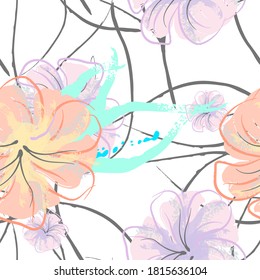 Pink Flowers Blooming Pattern. Pastel Watercolor Floral Print. Little Pink, Yellow, Lilac flower on grey leaf. Elegant brush Background. Seamless Botanical Vector Surface. Texture For Fashion Prints.