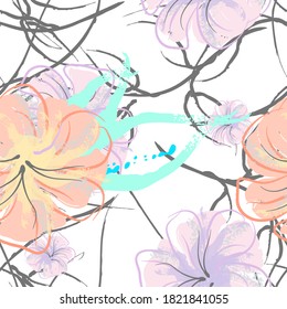 Pink Flowers Blooming Pattern. Pastel Watercolor Floral Print. Little Pink, Yellow, Lilac flower on grey leaf. Elegant brush Background. Seamless Botanical Vector Surface. Texture For Fashion Prints.