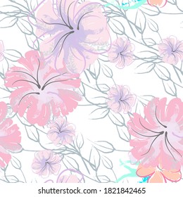Pink Flowers Blooming Pattern. Pastel Watercolor Floral Print. Little Pink, Yellow, Lilac flower on grey leaf. Elegant brush Background. Seamless Botanical Vector Surface. Texture For Fashion Prints.
