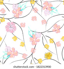 Patrón De Florecimiento De Flores Rosadas. Impresión floral de color de agua pastel. Flor rosada, amarilla, lagaríaca en hojas grises. Fondo elegante del pincel Superficie de vectores botánicos impecable. Textura Para Las Impresiones De Moda.