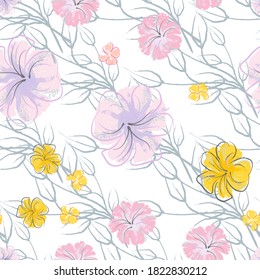 Patrón De Florecimiento De Flores Rosadas. Impresión floral de color de agua pastel. Flor rosada, amarilla, lagaríaca en hojas grises. Fondo elegante del pincel Superficie de vectores botánicos impecable. Textura Para Las Impresiones De Moda.