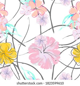 Patrón De Florecimiento De Flores Rosadas. Impresión floral de color de agua pastel. Flor rosada, amarilla, lagaríaca en hojas grises. Fondo elegante del pincel Superficie de vectores botánicos impecable. Textura Para Las Impresiones De Moda.